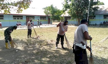 Sambut HUT ke-75 Bhayangkara, Wujud Sinergitas TNI POLRI Ditunjukan dengan Kerja Bhakti Bersama Membersihkan Lingkungan