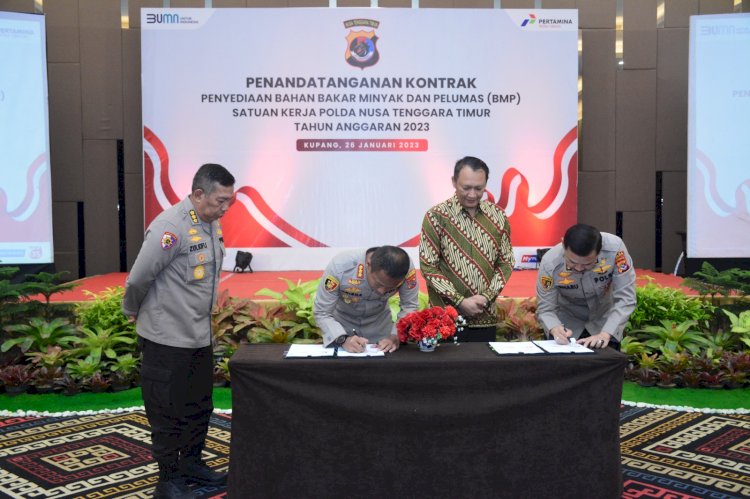 Dukung Operasional Pelayanan Kepada Masyarakat, Polda NTT dan PT. Pertamina Patra Niaga Tanda Tangan Kontrak Kerjasama Penyediaan BBMP Tahun Anggaran 2023