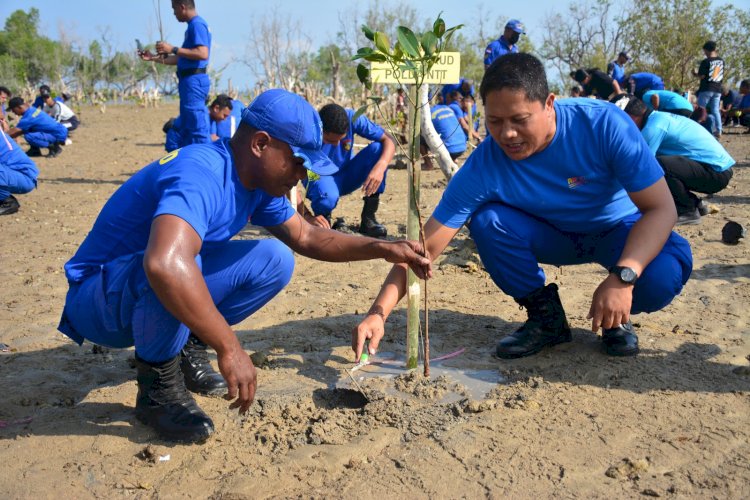 Anggota Ditpolairud Polda NTT Menyemarakkan HUT Ke-73 dengan Tanam Mangrove dan Bersih-Bersih Pantai