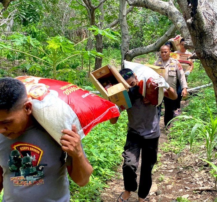 Polres Flotim Beri Bantuan Sosial untuk Pengungsi Mandiri di Kebun Desa Konga